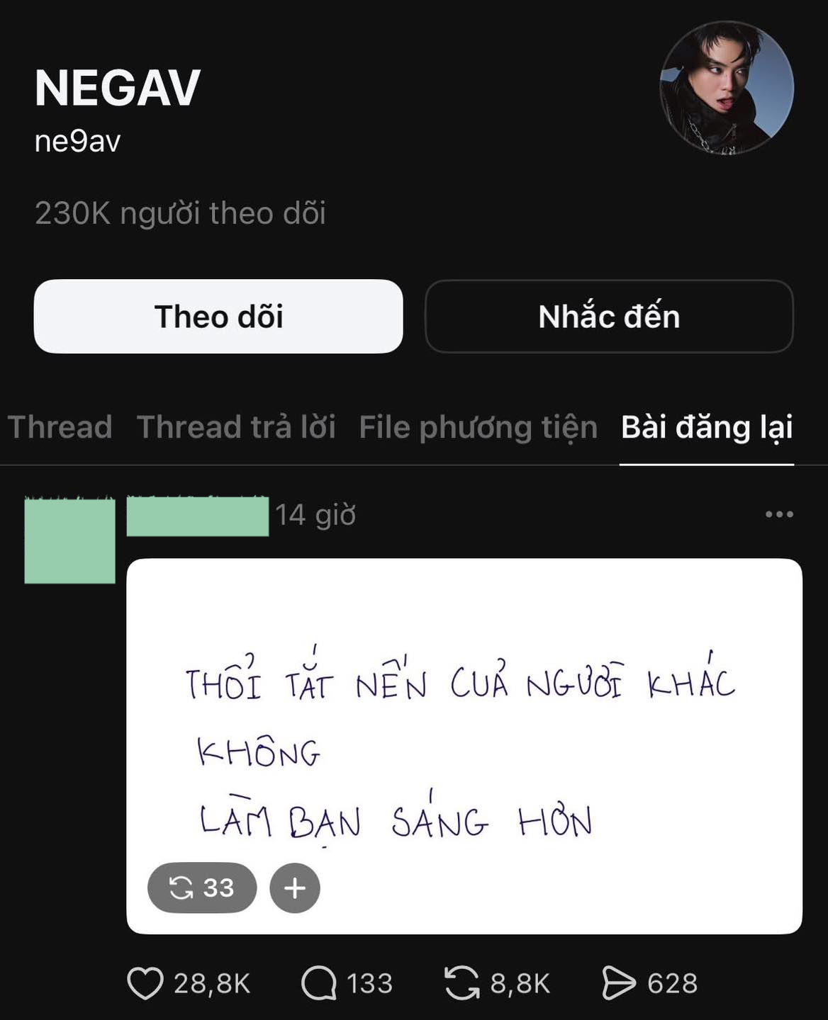 Negav đăng lại quote trên Threads sau 2 ngày bùng nổ scandal