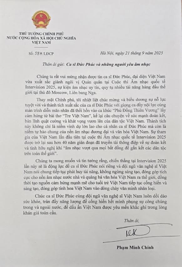 Nguyên văn thư chúc mừng của Thủ tướng