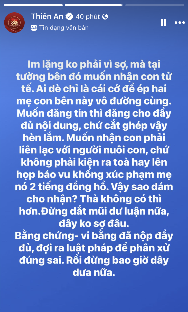 Thiên An viết tâm thư đáp trả buổi họp báo 2 tiếng