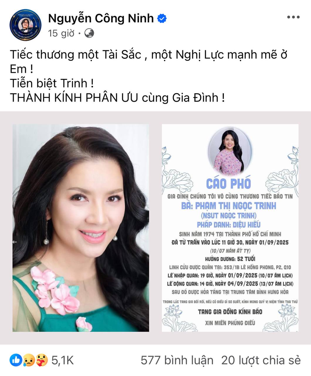 NS Công Ninh tiễn biệt người bạn đặc biệt của mình