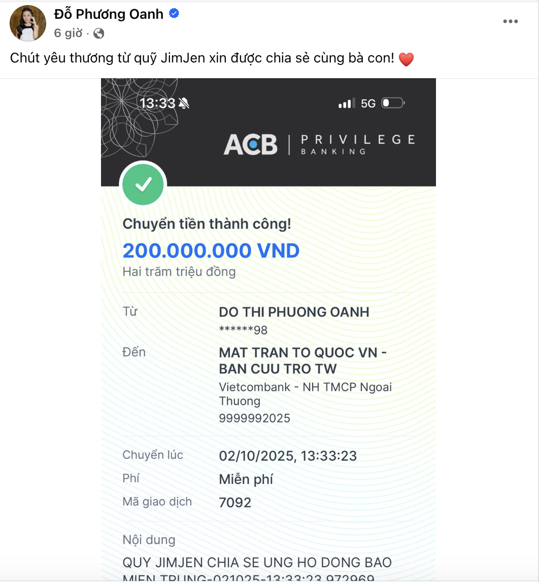 Động thái mới nhất của Phương Oanh- Ảnh 1. Phương Oanh hỗ trợ người dân miền Trung