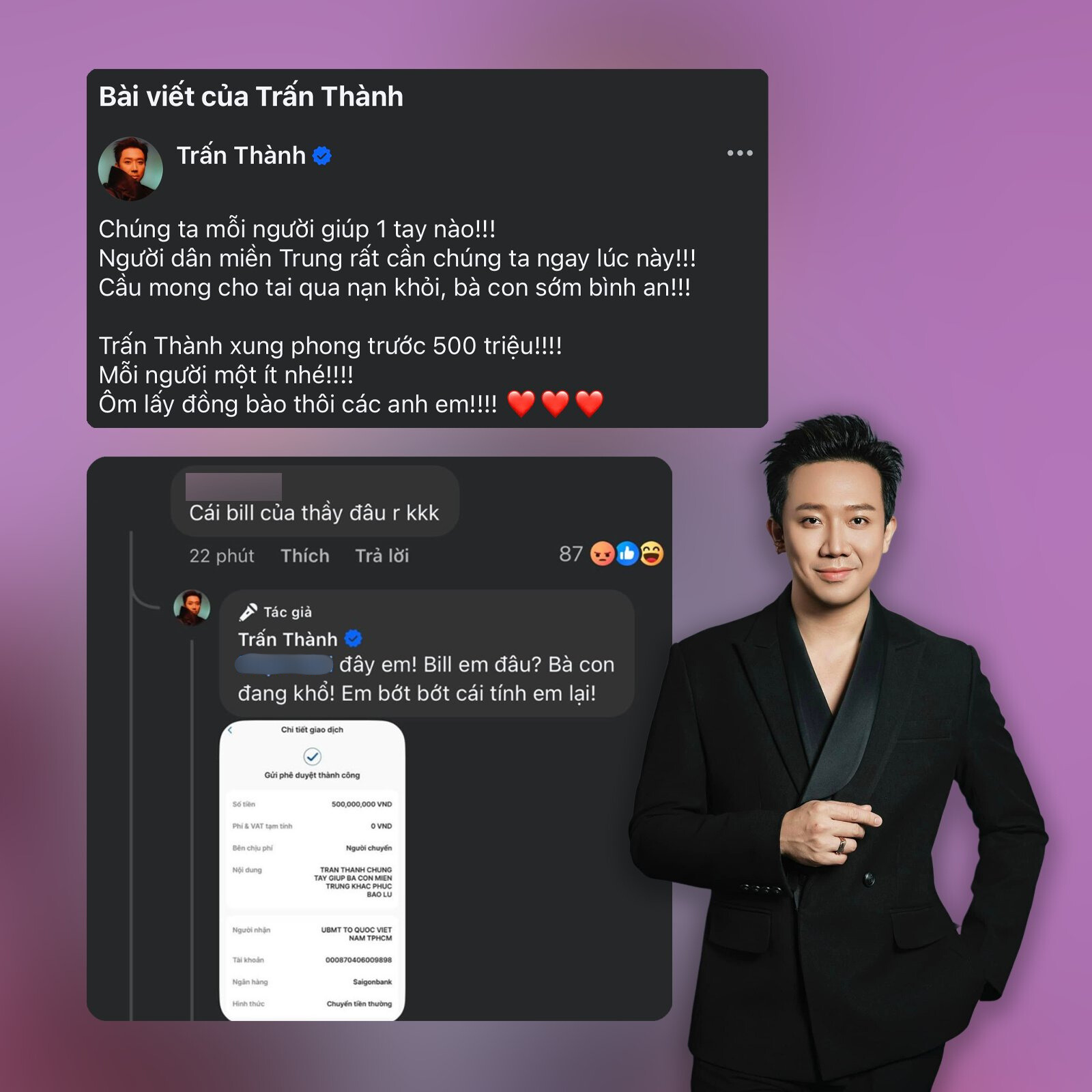 Trấn Thành đáp trả gắt khi bị yêu cầu bill từ thiện