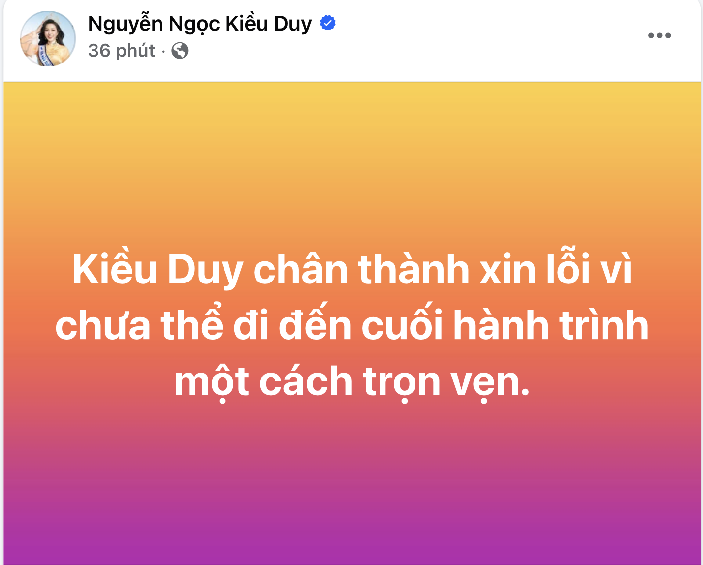 Kiều Duy xin lỗi sau thất bại ở Hoa hậu Quốc tế