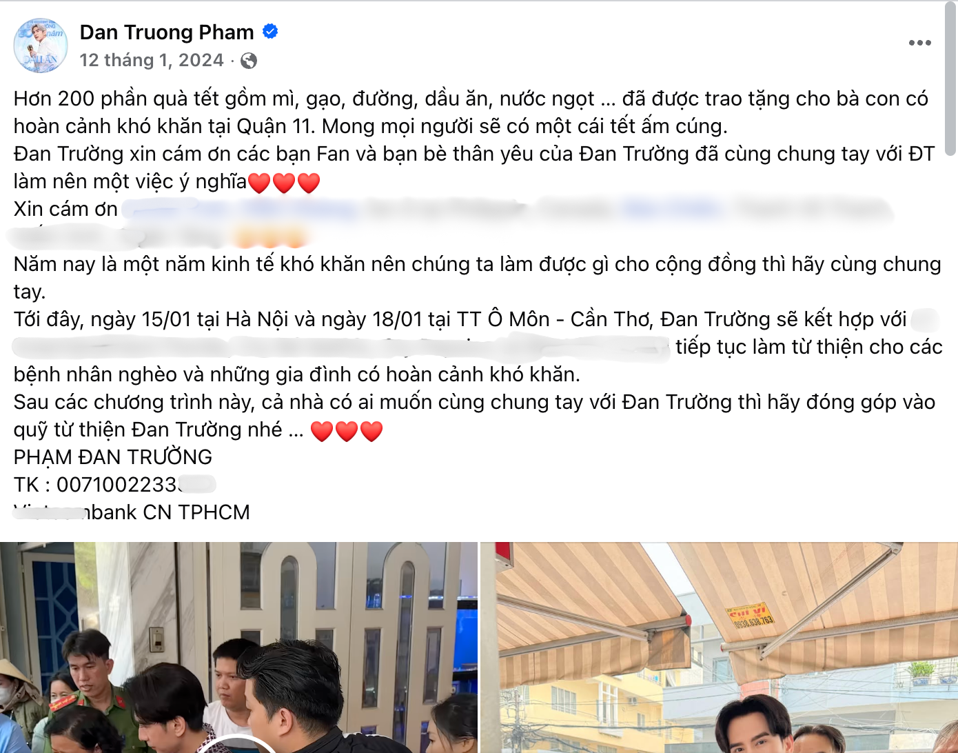 Các hoạt động thiện nguyện được Đan Trường đăng tải trên trang cá nhân lẫn Fanpage