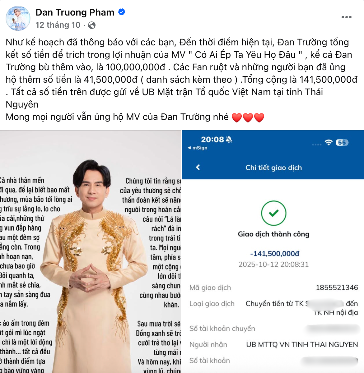 Đan Trường trích lợi nhuận từ MV, tiền cá nhân và người hâm mộ để làm từ thiện